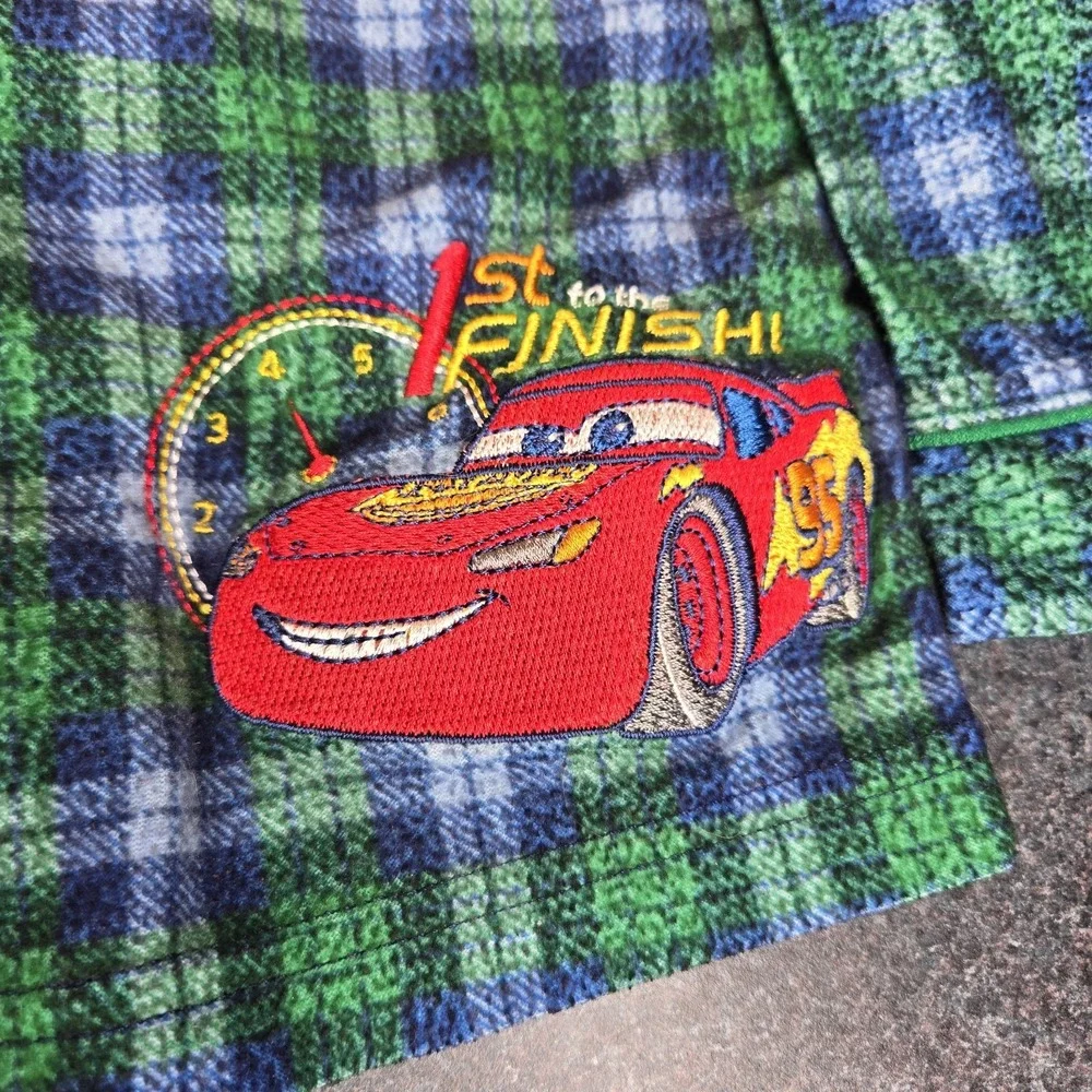 Y2K '05 Disney Cars‎ Green Plaid Fleece Pajama Set Size 3T Embroidered